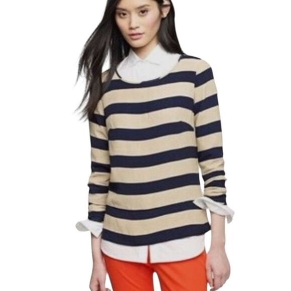 NWT J. Crew Tan Navy Striped Crepe Blouse Lightweight Nautical Preppy Size 6 - Picture 1 of 9